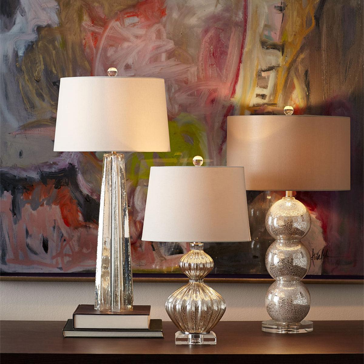 Elegant Mercury Glass Bedside Nightstand Lamp with Fabric Drum Shade Silver Finish