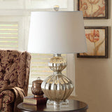 Elegant Mercury Glass Bedside Nightstand Lamp with Fabric Drum Shade Silver Finish