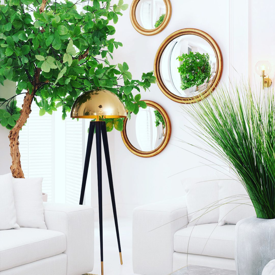 mid-century-modern-tripod-floor-lamp-with-dome-gold-metal-shade-and-black-legs