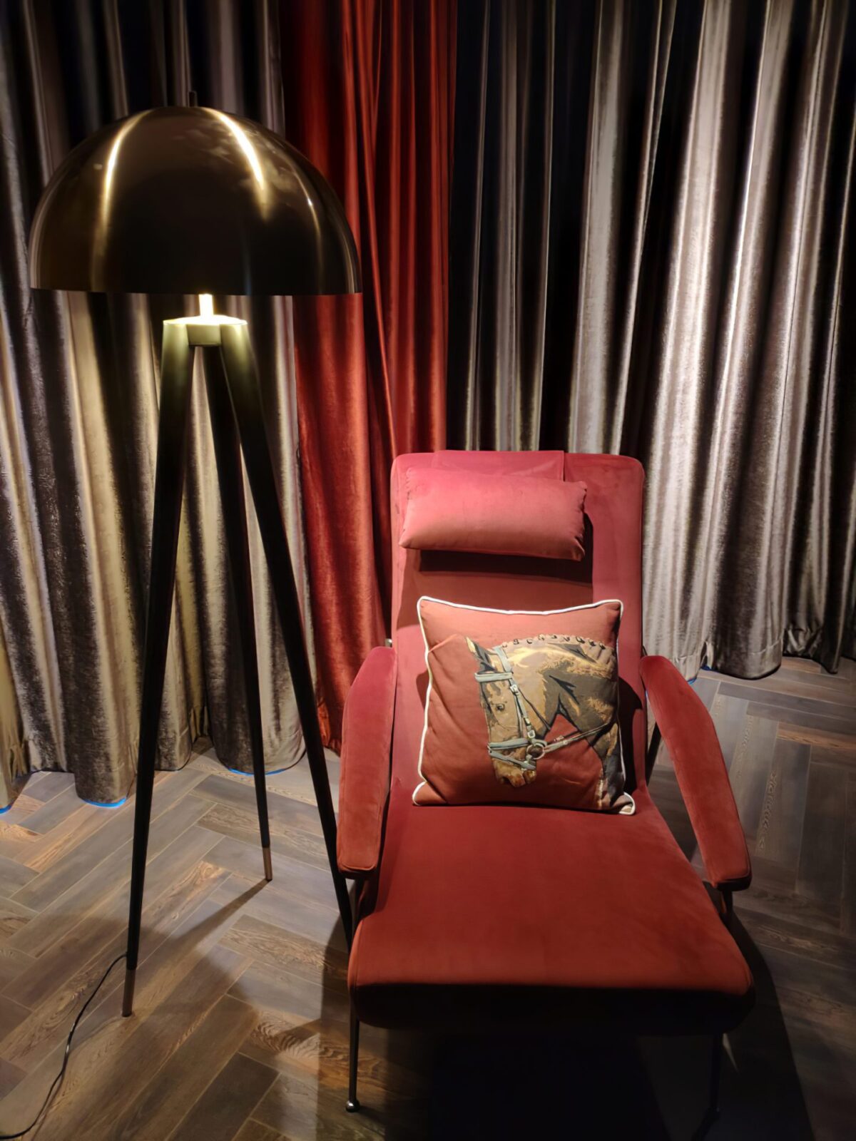 mid-century-modern-tripod-floor-lamp-with-dome-gold-metal-shade-and-black-legs