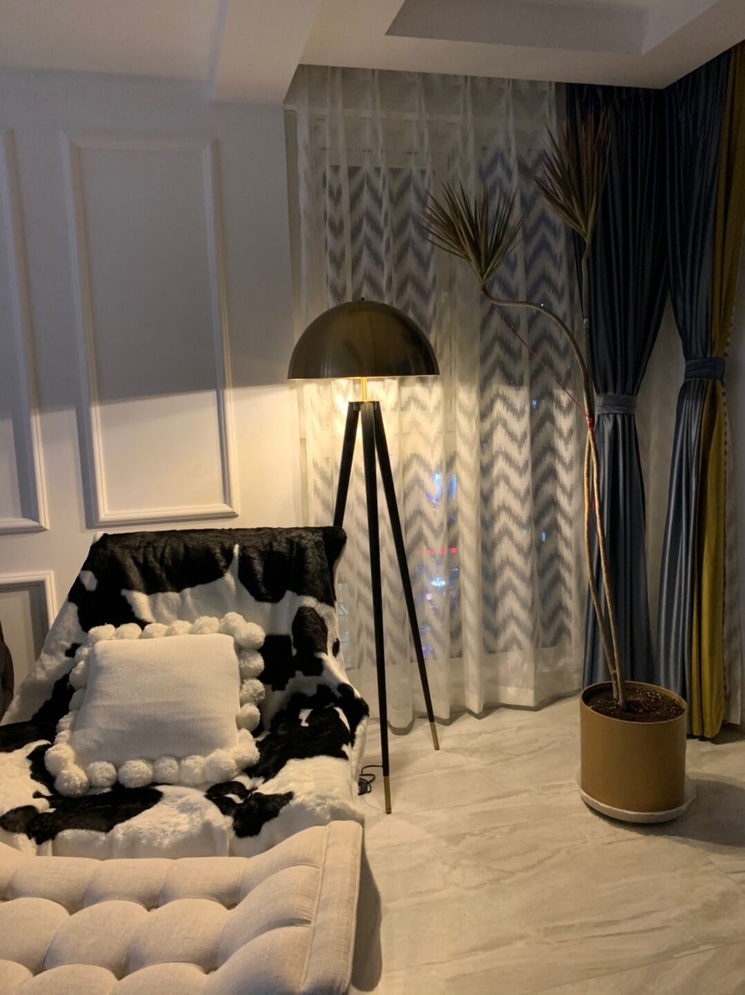 mid-century-modern-tripod-floor-lamp-with-dome-gold-metal-shade-and-black-legs