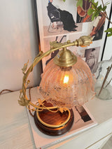 Cracked Glass and Brass Table Lamp with Ash Wood Base and Brown Fabric Shade