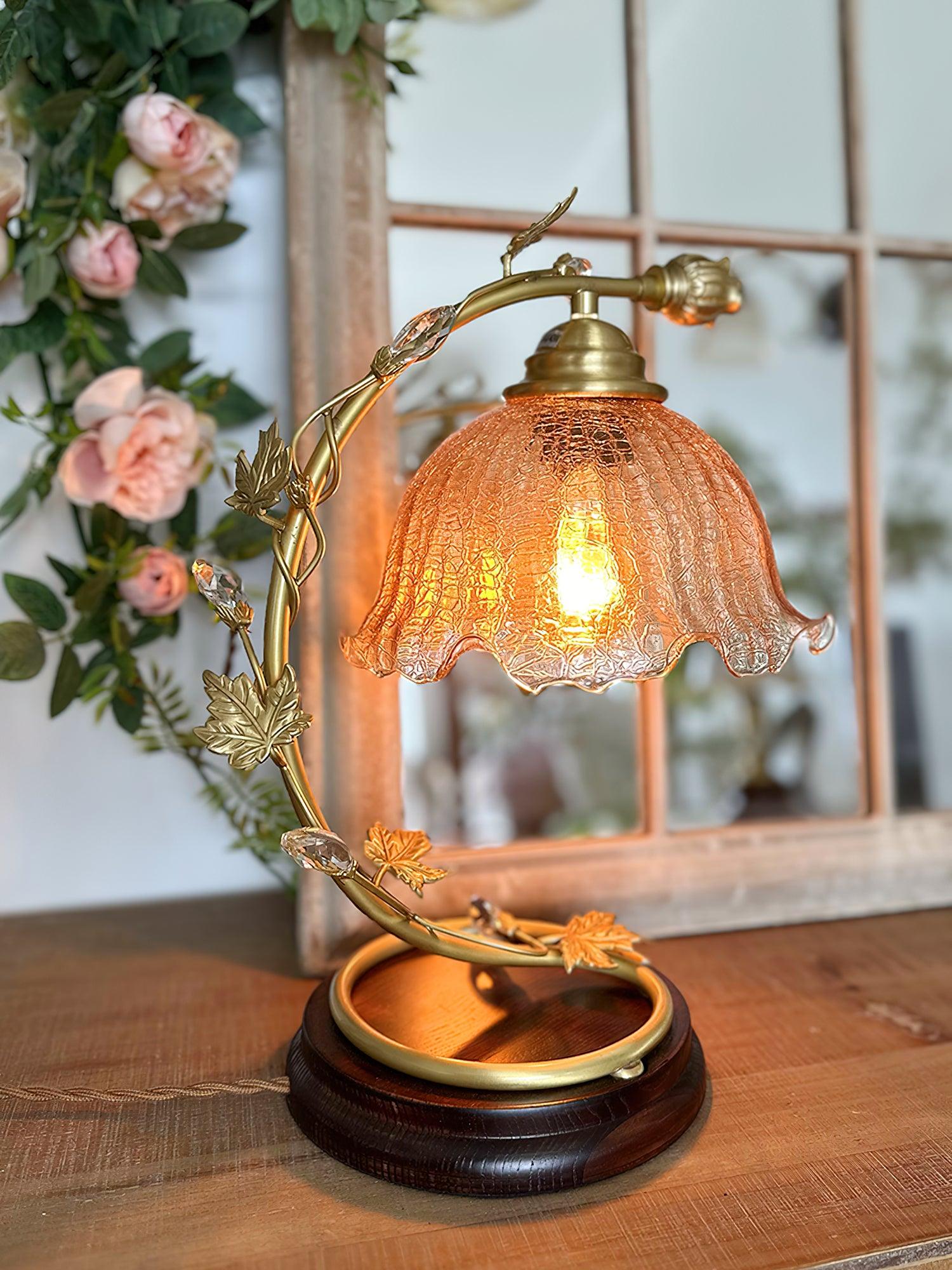 Cracked Glass and Brass Table Lamp with Ash Wood Base and Brown Fabric Shade