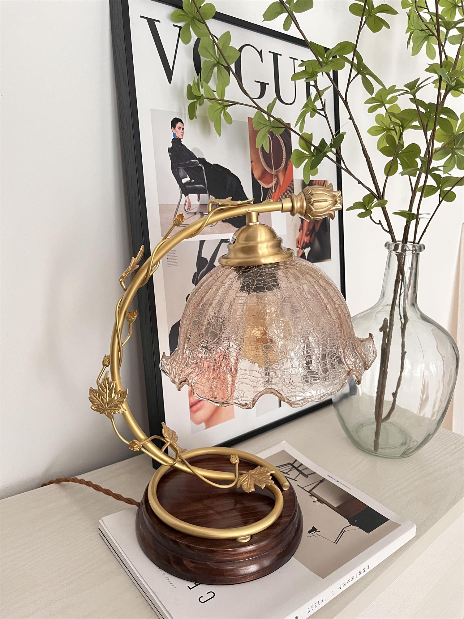 Cracked Glass and Brass Table Lamp with Ash Wood Base and Brown Fabric Shade