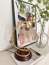 Cracked Glass and Brass Table Lamp with Ash Wood Base and Brown Fabric Shade