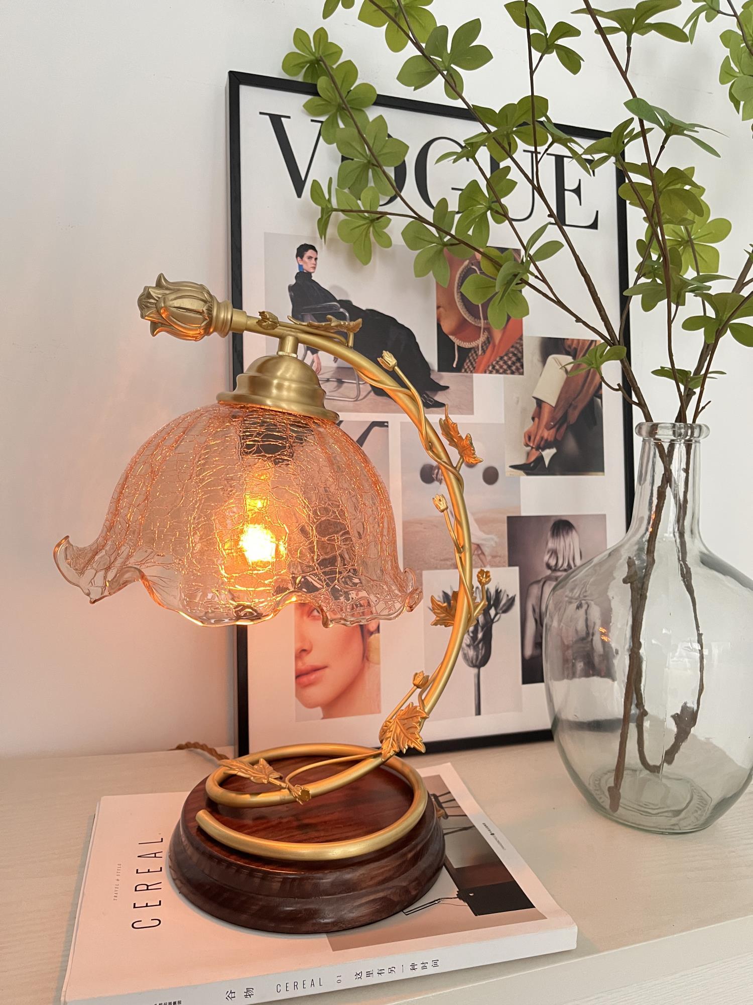 Cracked Glass and Brass Table Lamp with Ash Wood Base and Brown Fabric Shade