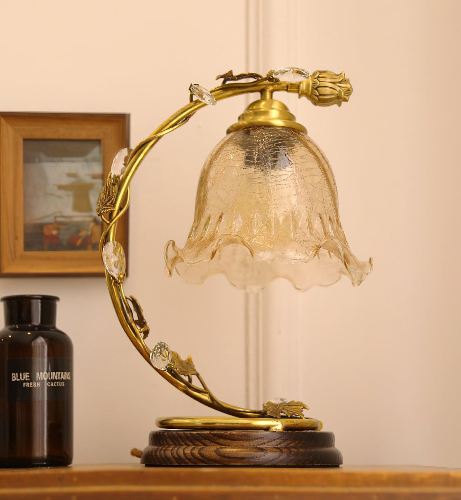 Cracked Glass and Brass Table Lamp with Ash Wood Base and Brown Fabric Shade