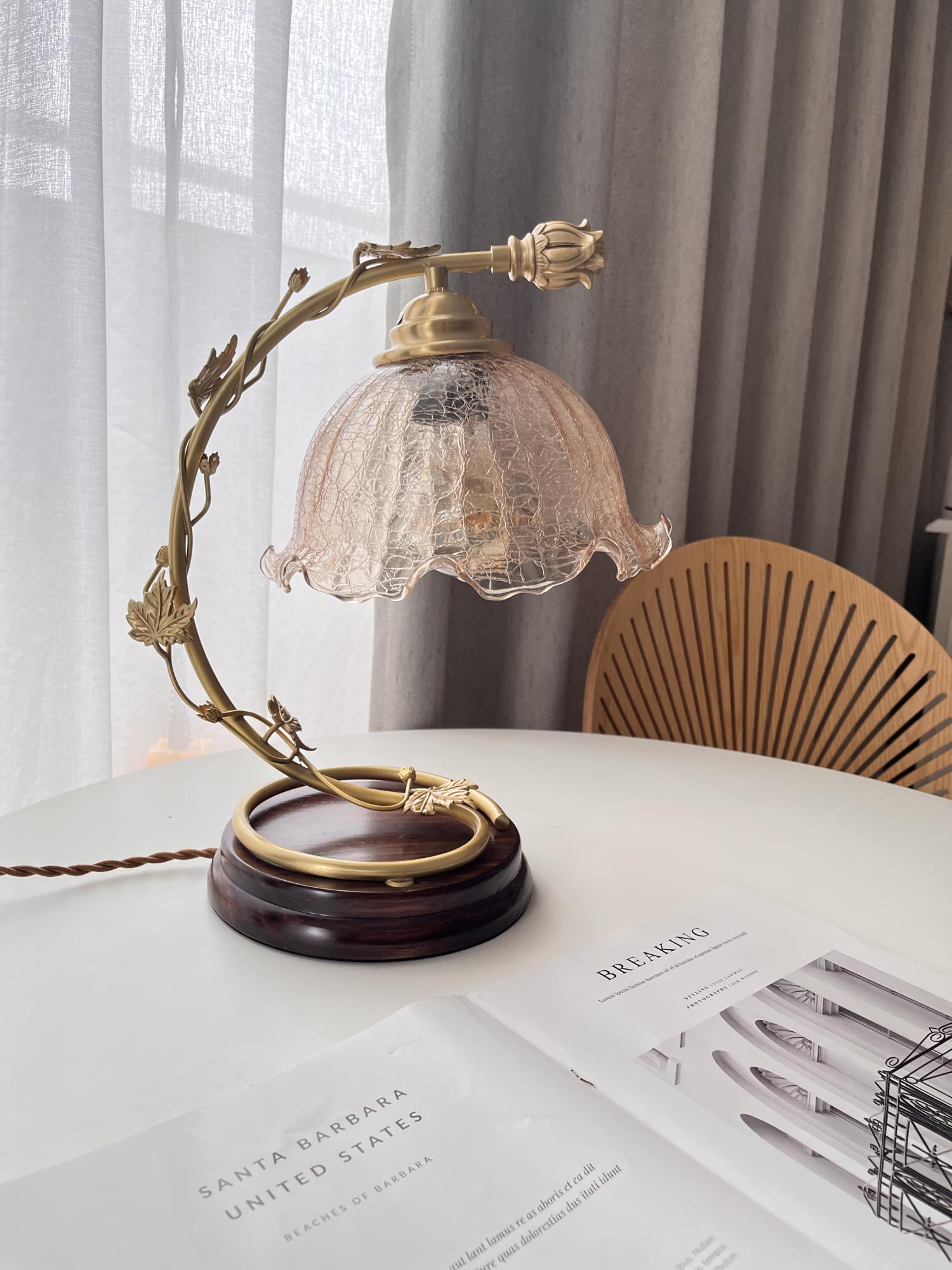Cracked Glass and Brass Table Lamp with Ash Wood Base and Brown Fabric Shade
