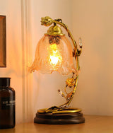 Cracked Glass and Brass Table Lamp with Ash Wood Base and Brown Fabric Shade