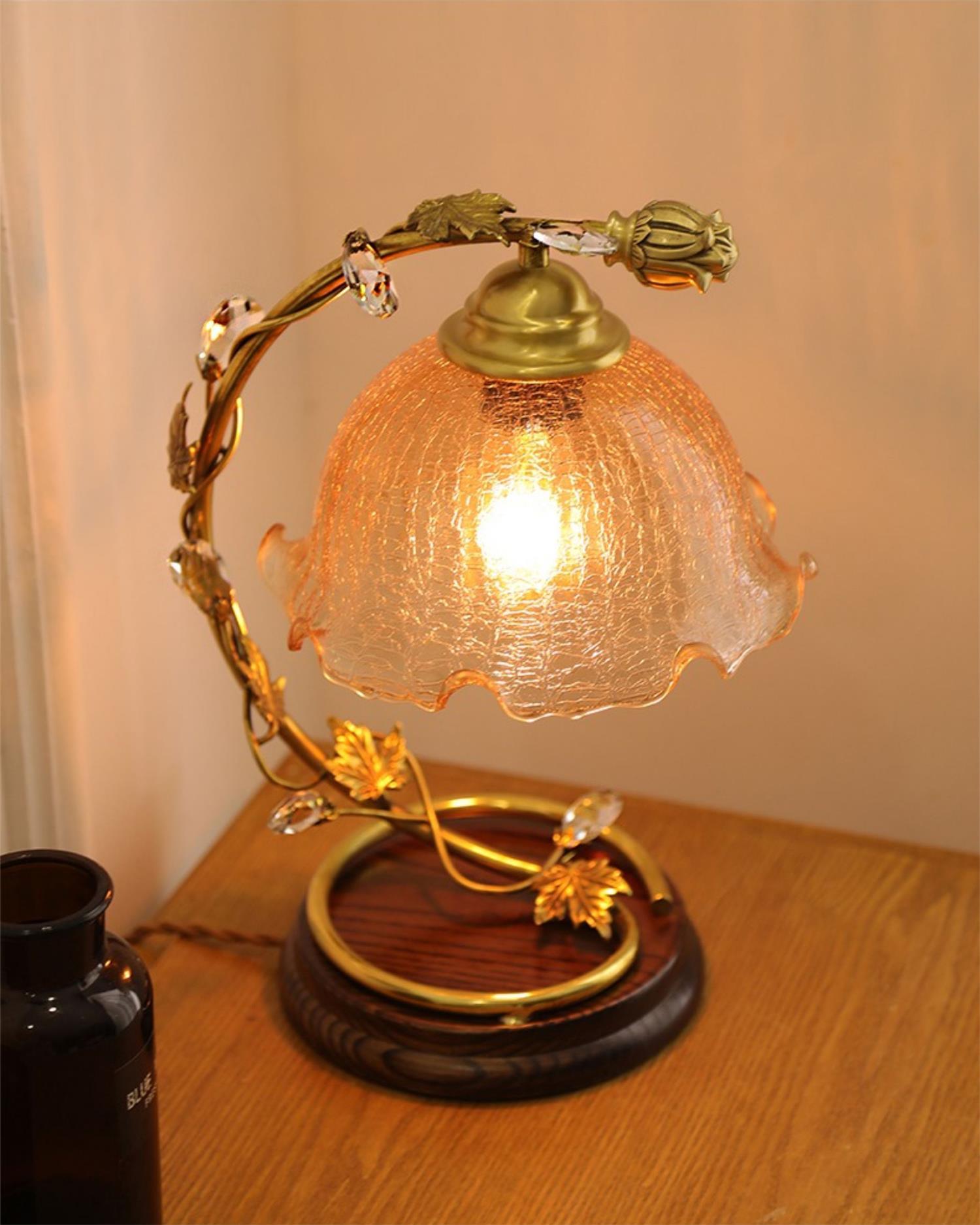 Cracked Glass and Brass Table Lamp with Ash Wood Base and Brown Fabric Shade
