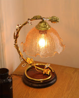 Cracked Glass and Brass Table Lamp with Ash Wood Base and Brown Fabric Shade