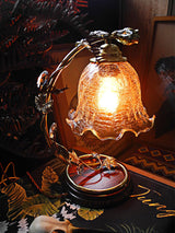 Cracked Glass and Brass Table Lamp with Ash Wood Base and Brown Fabric Shade