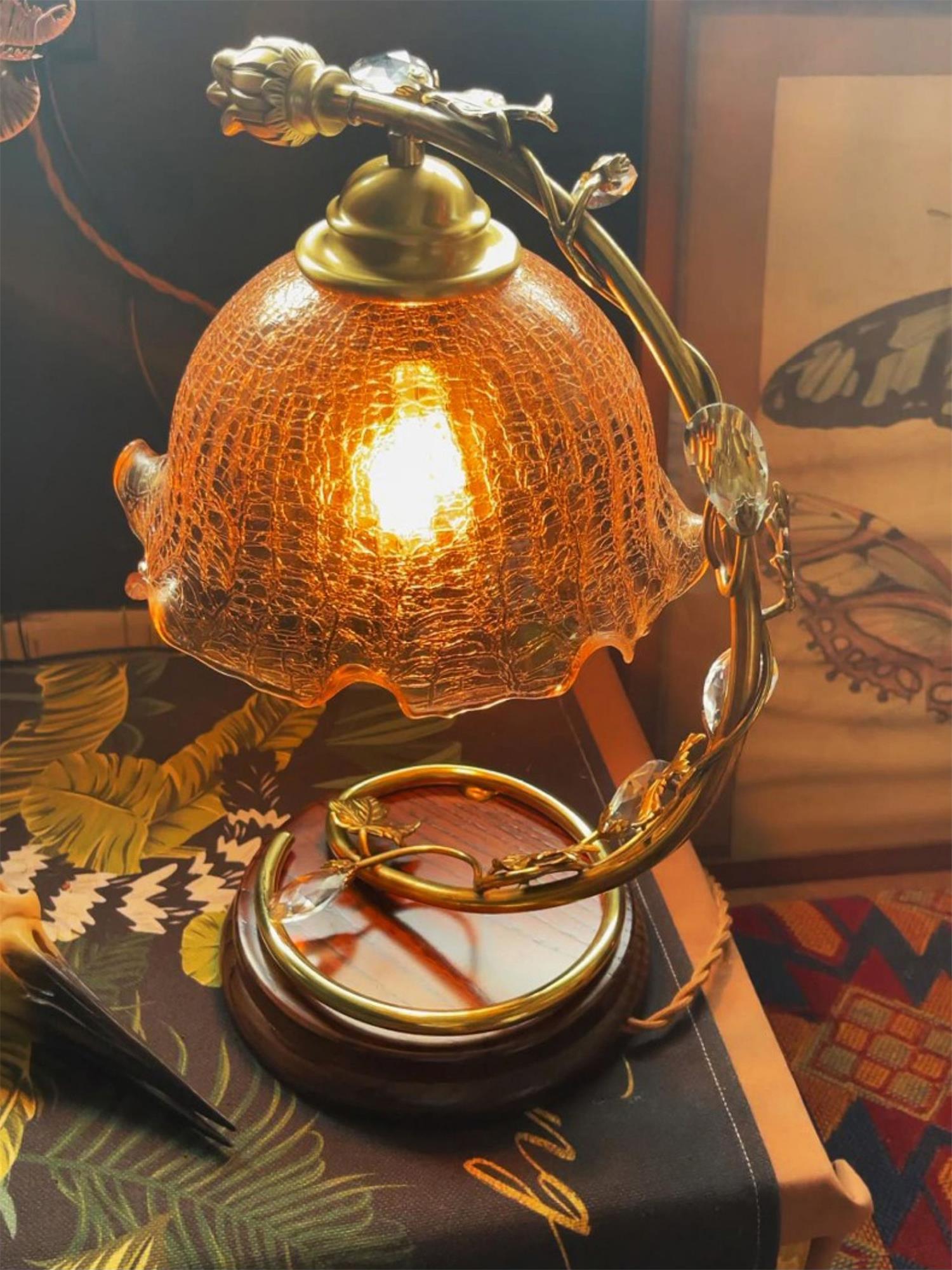 Cracked Glass and Brass Table Lamp with Ash Wood Base and Brown Fabric Shade