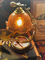 Cracked Glass and Brass Table Lamp with Ash Wood Base and Brown Fabric Shade