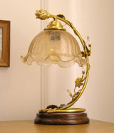 Cracked Glass and Brass Table Lamp with Ash Wood Base and Brown Fabric Shade