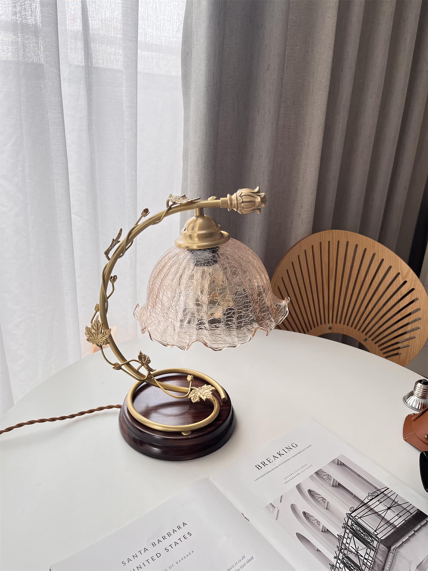 Cracked Glass and Brass Table Lamp with Ash Wood Base and Brown Fabric Shade