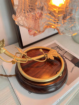 Cracked Glass and Brass Table Lamp with Ash Wood Base and Brown Fabric Shade