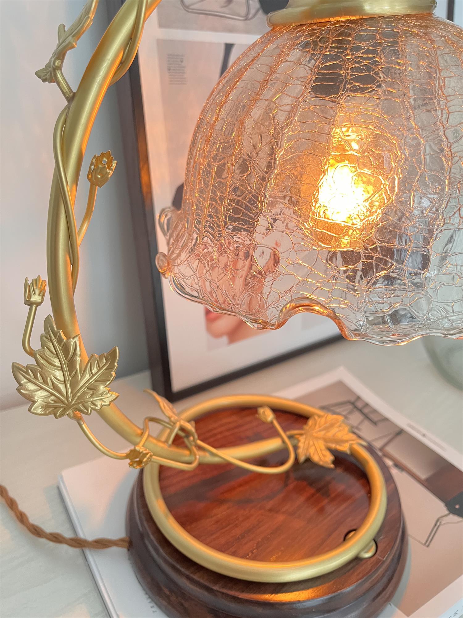 Cracked Glass and Brass Table Lamp with Ash Wood Base and Brown Fabric Shade