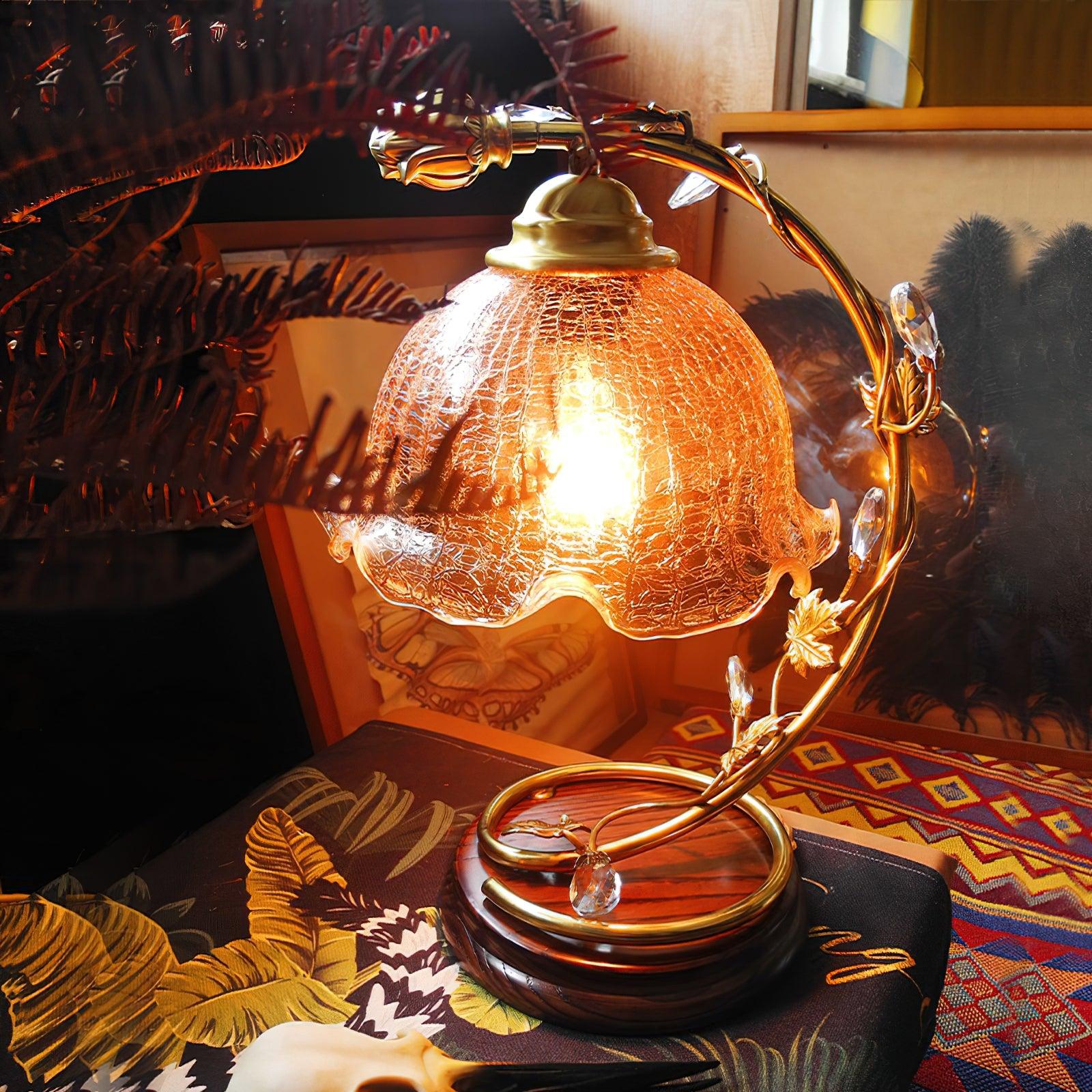 Cracked Glass and Brass Table Lamp with Ash Wood Base and Brown Fabric Shade