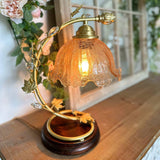 Cracked Glass and Brass Table Lamp with Ash Wood Base and Brown Fabric Shade