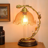 Cracked Glass and Brass Table Lamp with Ash Wood Base and Brown Fabric Shade