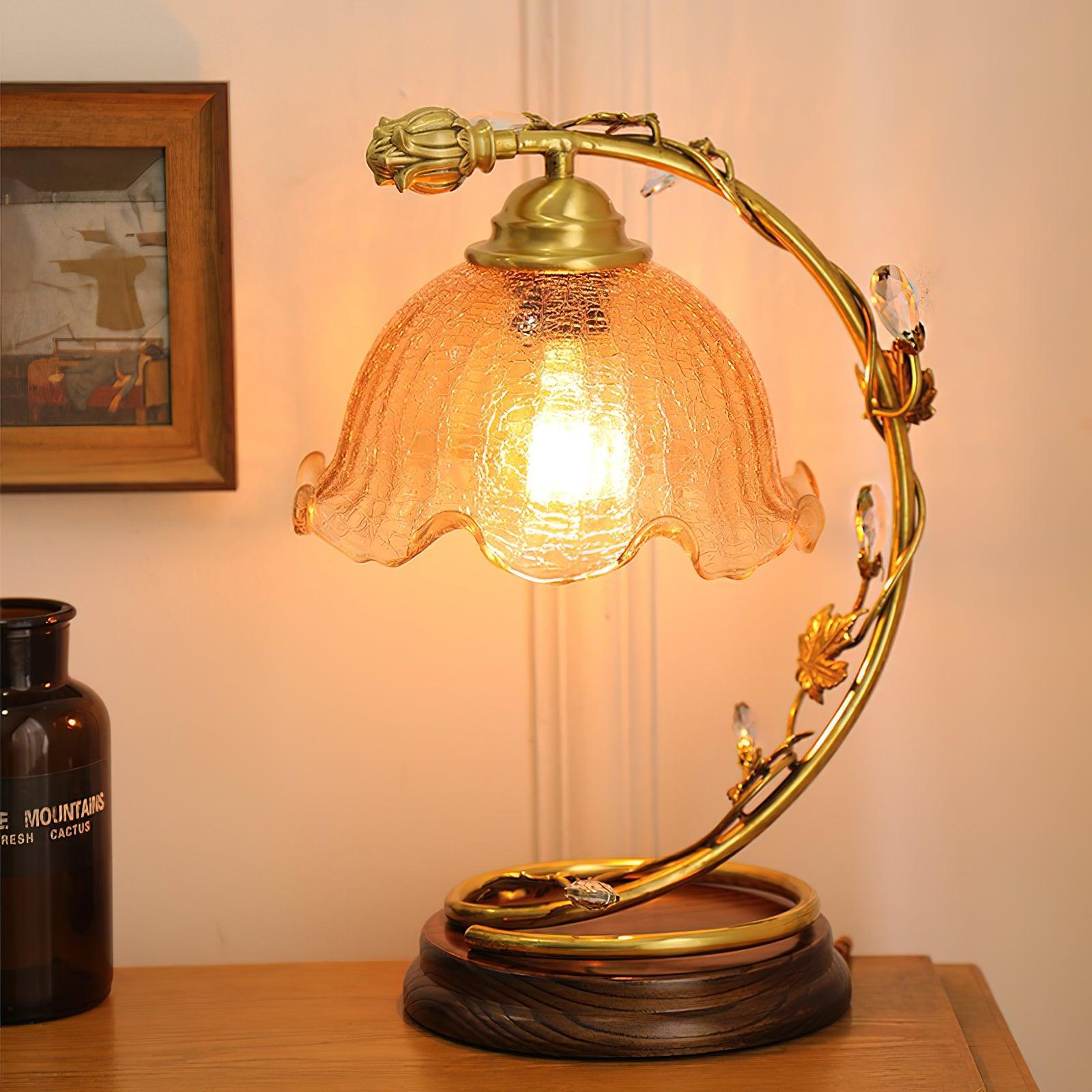 Cracked Glass and Brass Table Lamp with Ash Wood Base and Brown Fabric Shade