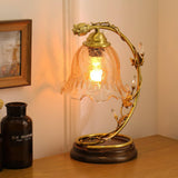 Cracked Glass and Brass Table Lamp with Ash Wood Base and Brown Fabric Shade