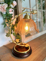Cracked Glass and Brass Table Lamp with Ash Wood Base and Brown Fabric Shade