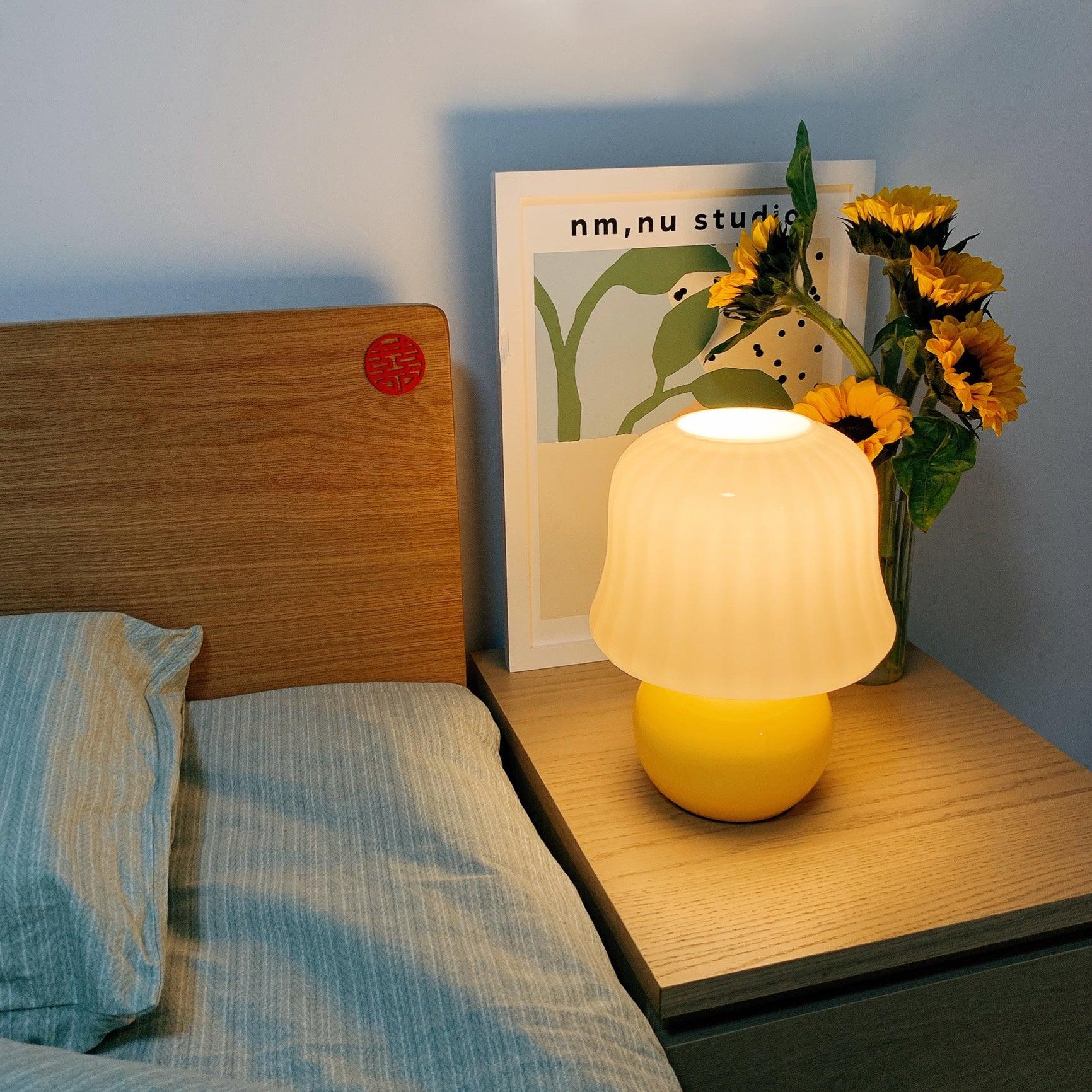 Creamy Mushroom Pleated Glass Table Lamp for Bedroom and Living Room Accent Lighting