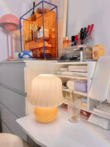 Creamy Mushroom Pleated Glass Table Lamp for Bedroom and Living Room Accent Lighting