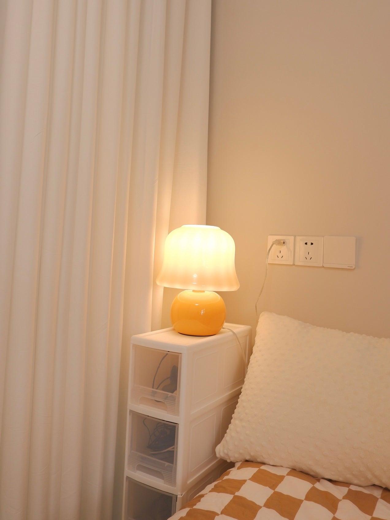Creamy Mushroom Pleated Glass Table Lamp for Bedroom and Living Room Accent Lighting