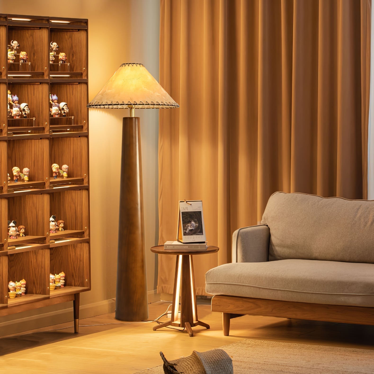 Modern Paper Column Standing Floor Lamp with Rubber Wood Base and Beige Shade