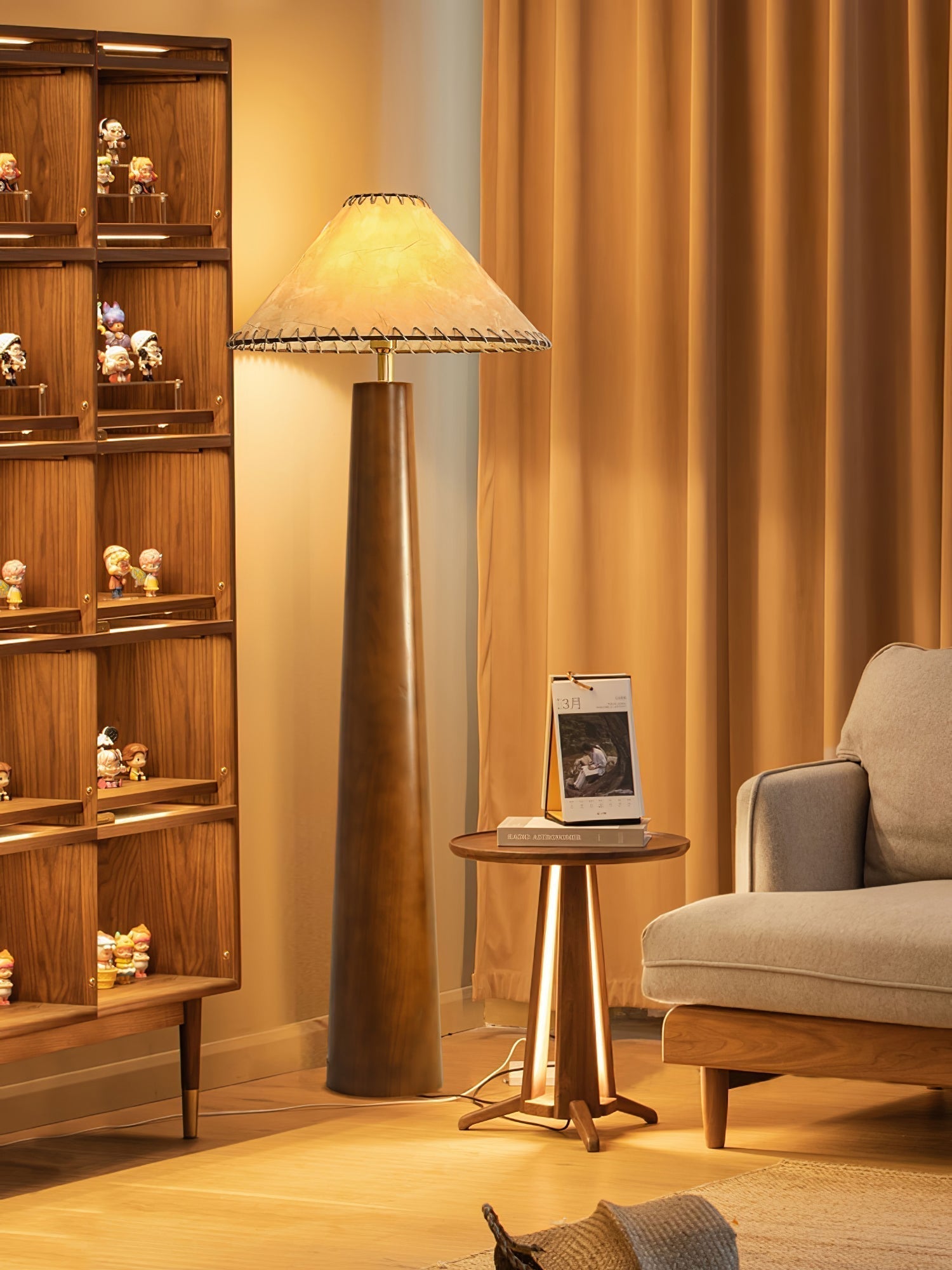 Modern Paper Column Standing Floor Lamp with Rubber Wood Base and Beige Shade