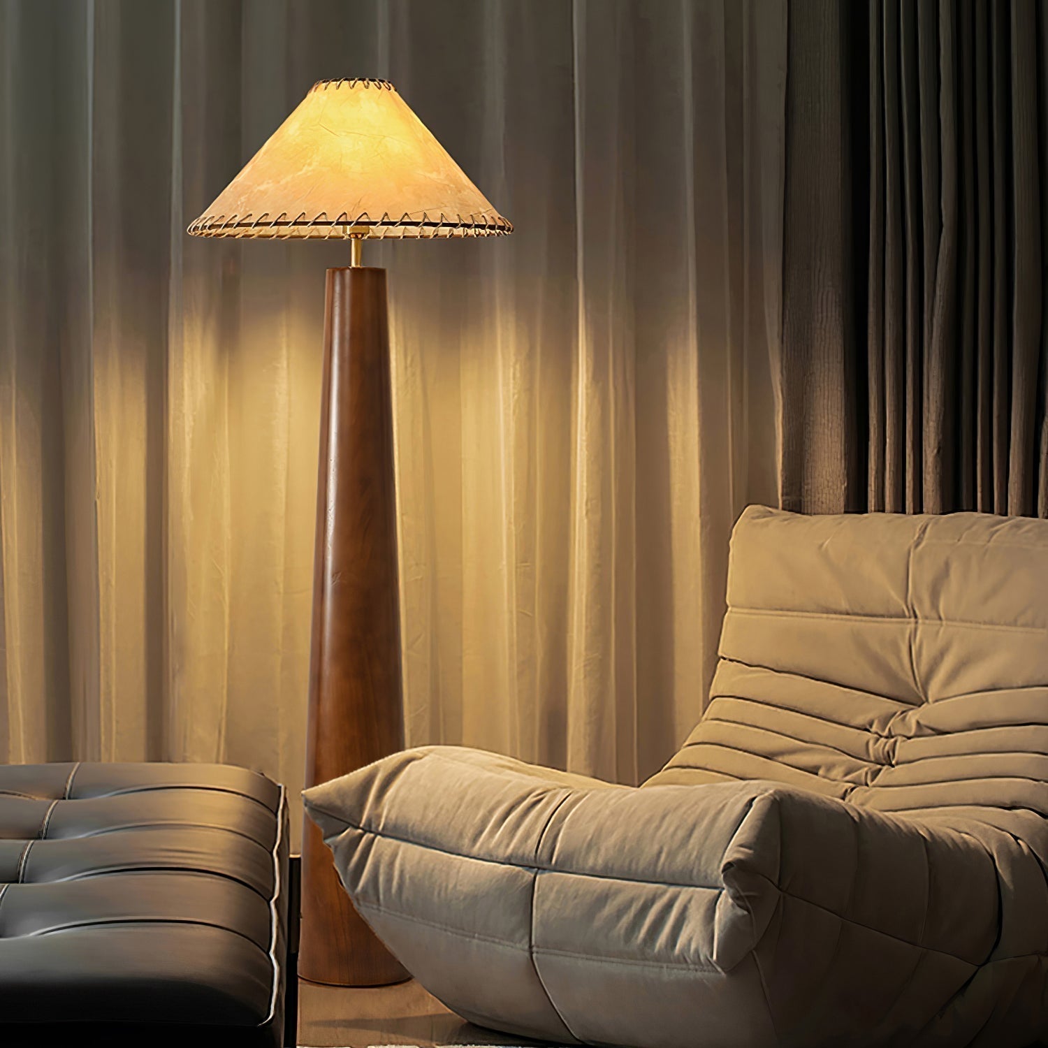 Modern Paper Column Standing Floor Lamp with Rubber Wood Base and Beige Shade
