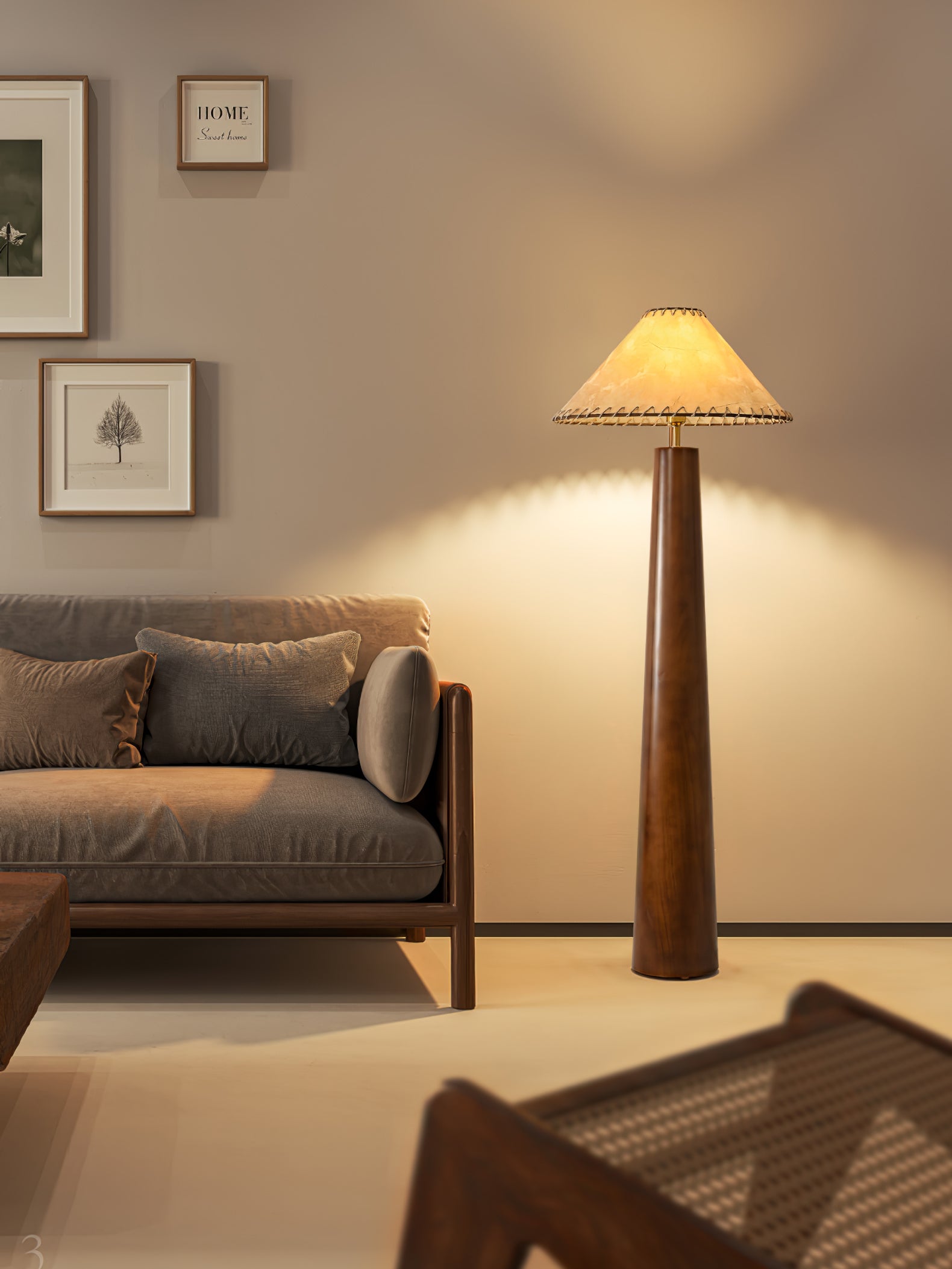Modern Paper Column Standing Floor Lamp with Rubber Wood Base and Beige Shade