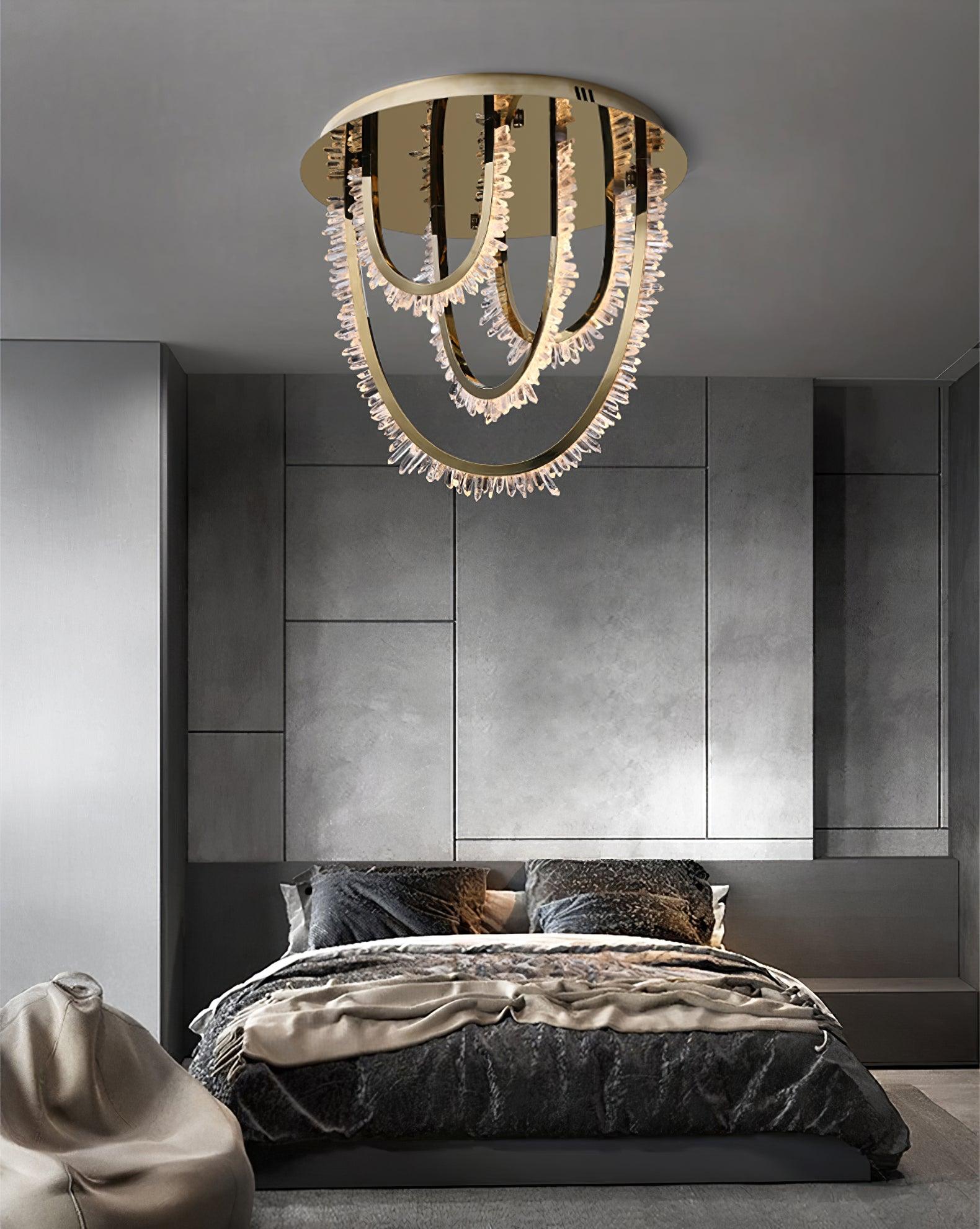 Modern Geometric Crystal Corde Flush Mount Ceiling Light Stainless Steel LED Fixture Gold Finish