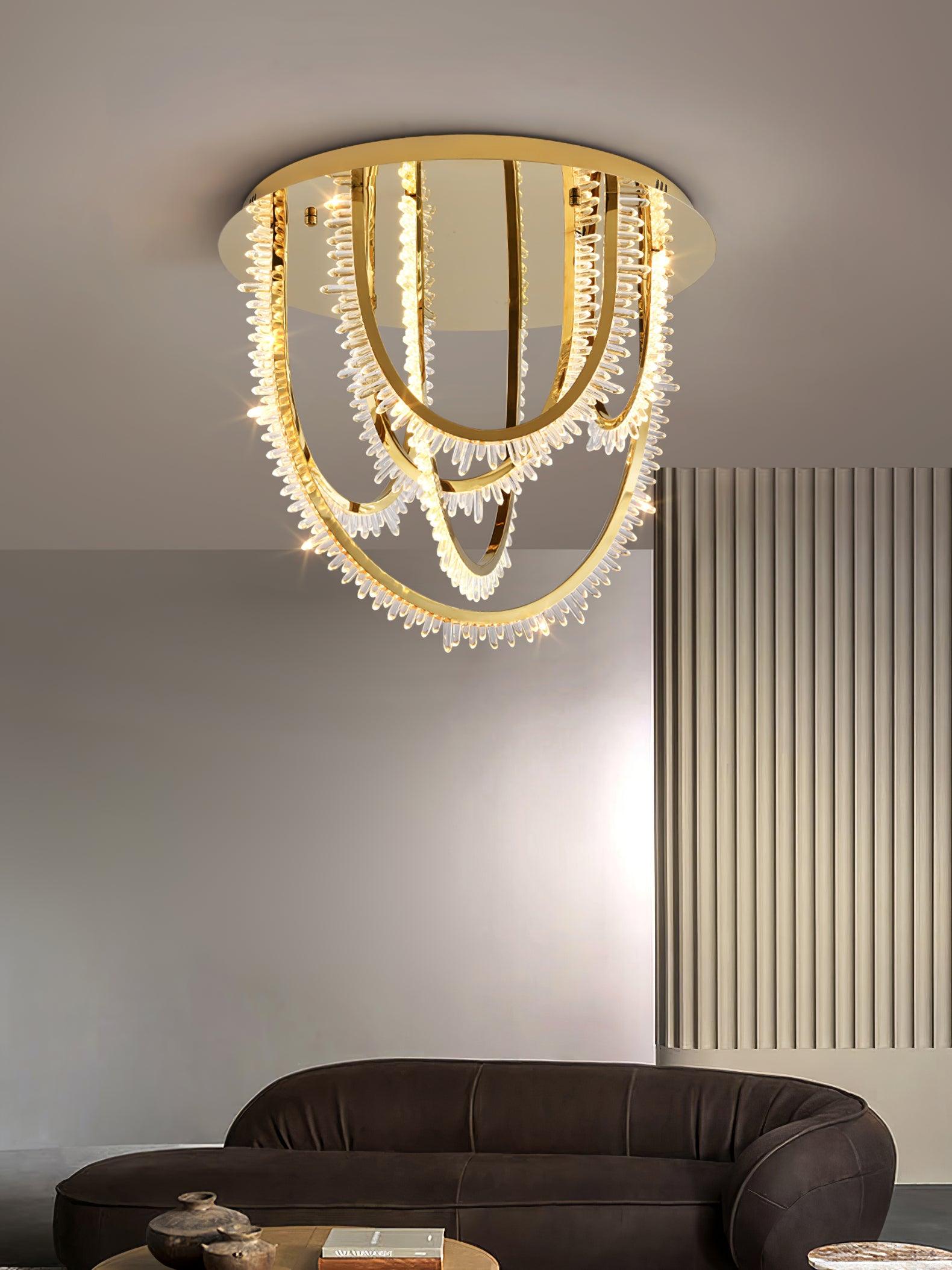 Modern Geometric Crystal Corde Flush Mount Ceiling Light Stainless Steel LED Fixture Gold Finish