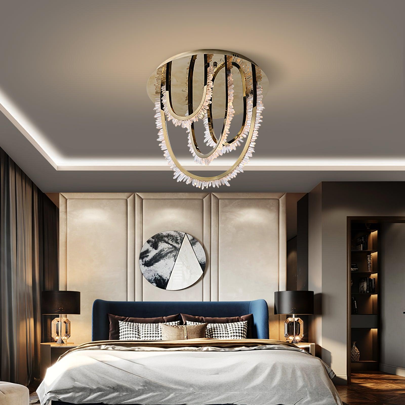 Modern Geometric Crystal Corde Flush Mount Ceiling Light Stainless Steel LED Fixture Gold Finish
