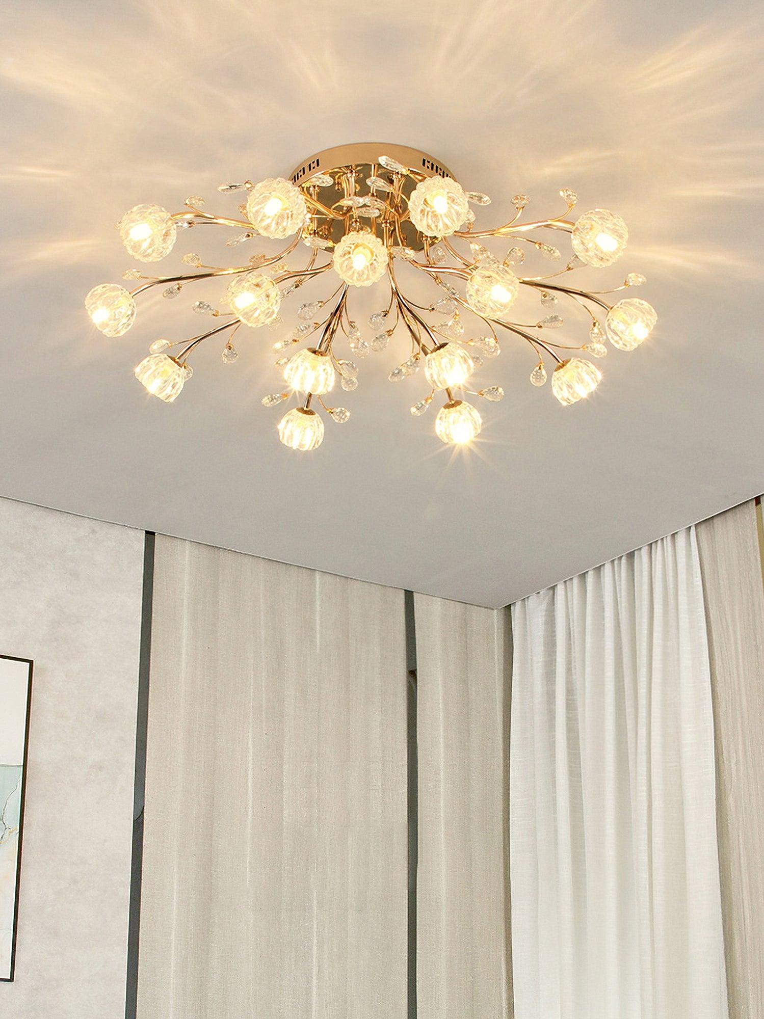 Elegant Luxury Crystal Flower Flush Mount Ceiling Light in Gold Finish