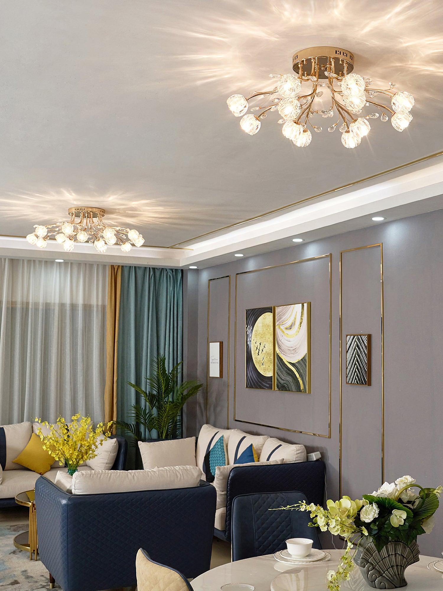 Elegant Luxury Crystal Flower Flush Mount Ceiling Light in Gold Finish
