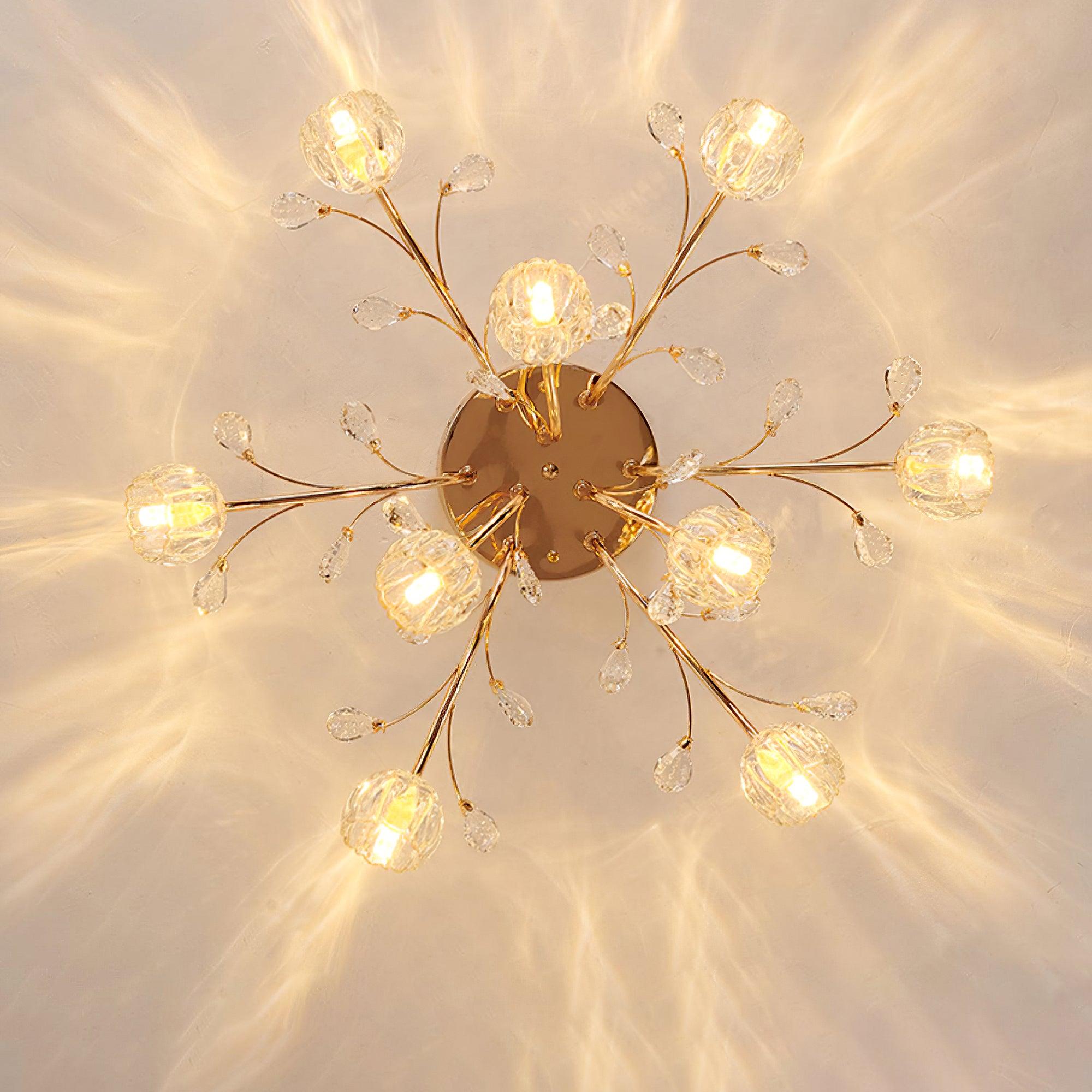 Elegant Luxury Crystal Flower Flush Mount Ceiling Light in Gold Finish