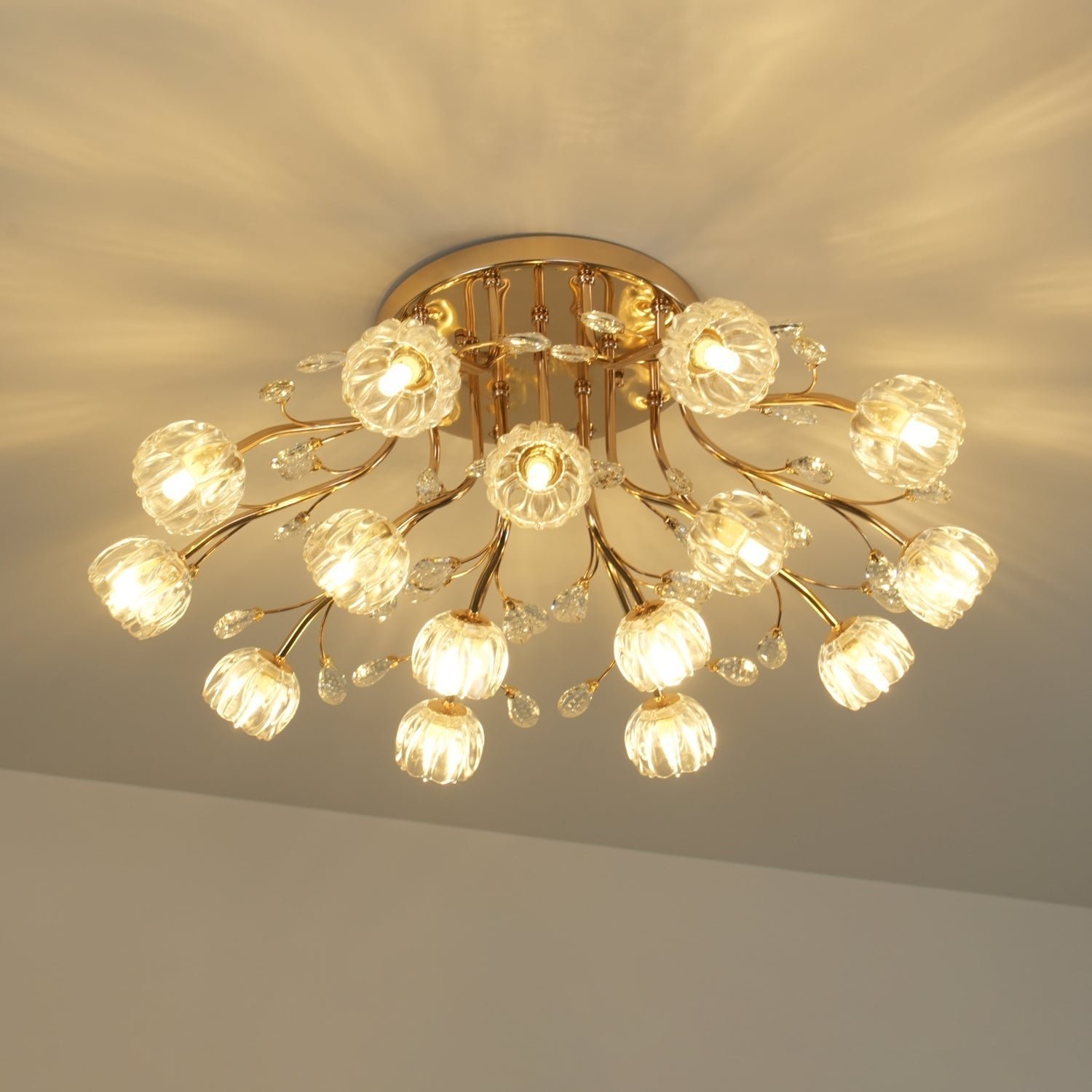 Elegant Luxury Crystal Flower Flush Mount Ceiling Light in Gold Finish