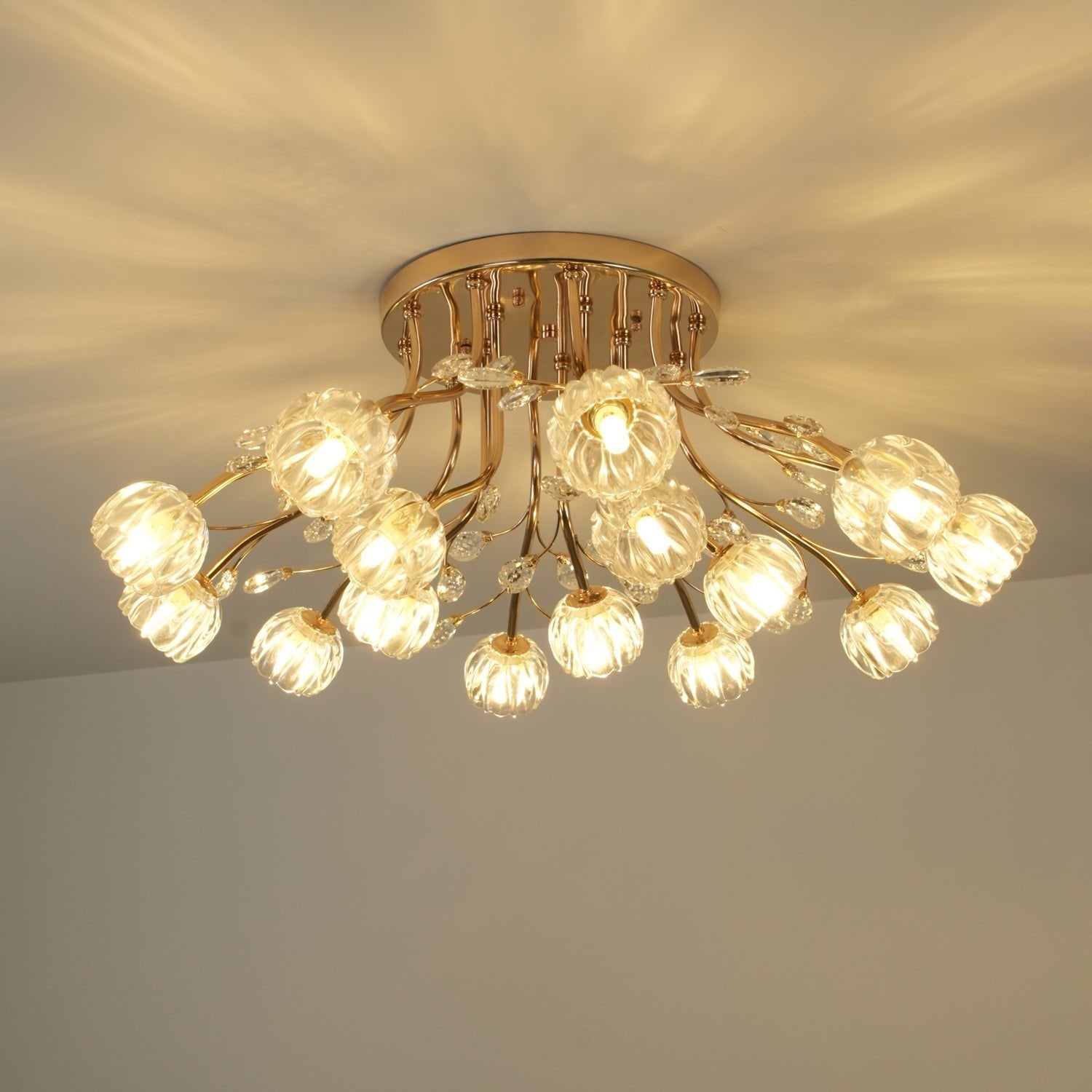 Elegant Luxury Crystal Flower Flush Mount Ceiling Light in Gold Finish