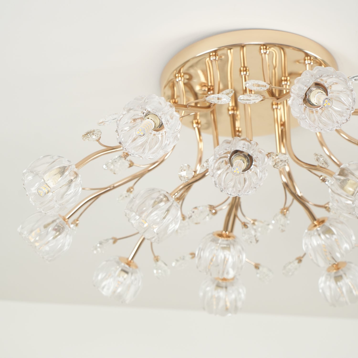Elegant Luxury Crystal Flower Flush Mount Ceiling Light in Gold Finish