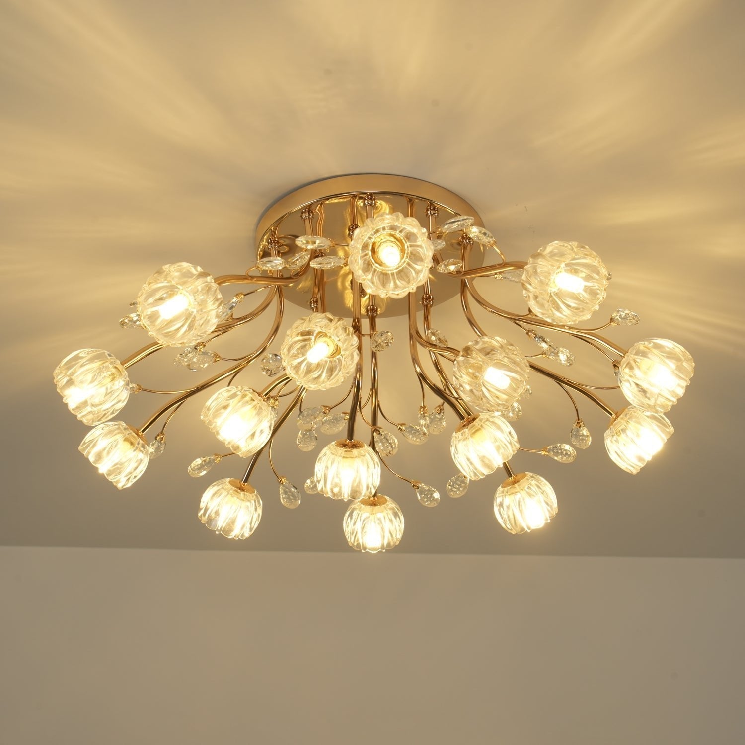 Elegant Luxury Crystal Flower Flush Mount Ceiling Light in Gold Finish