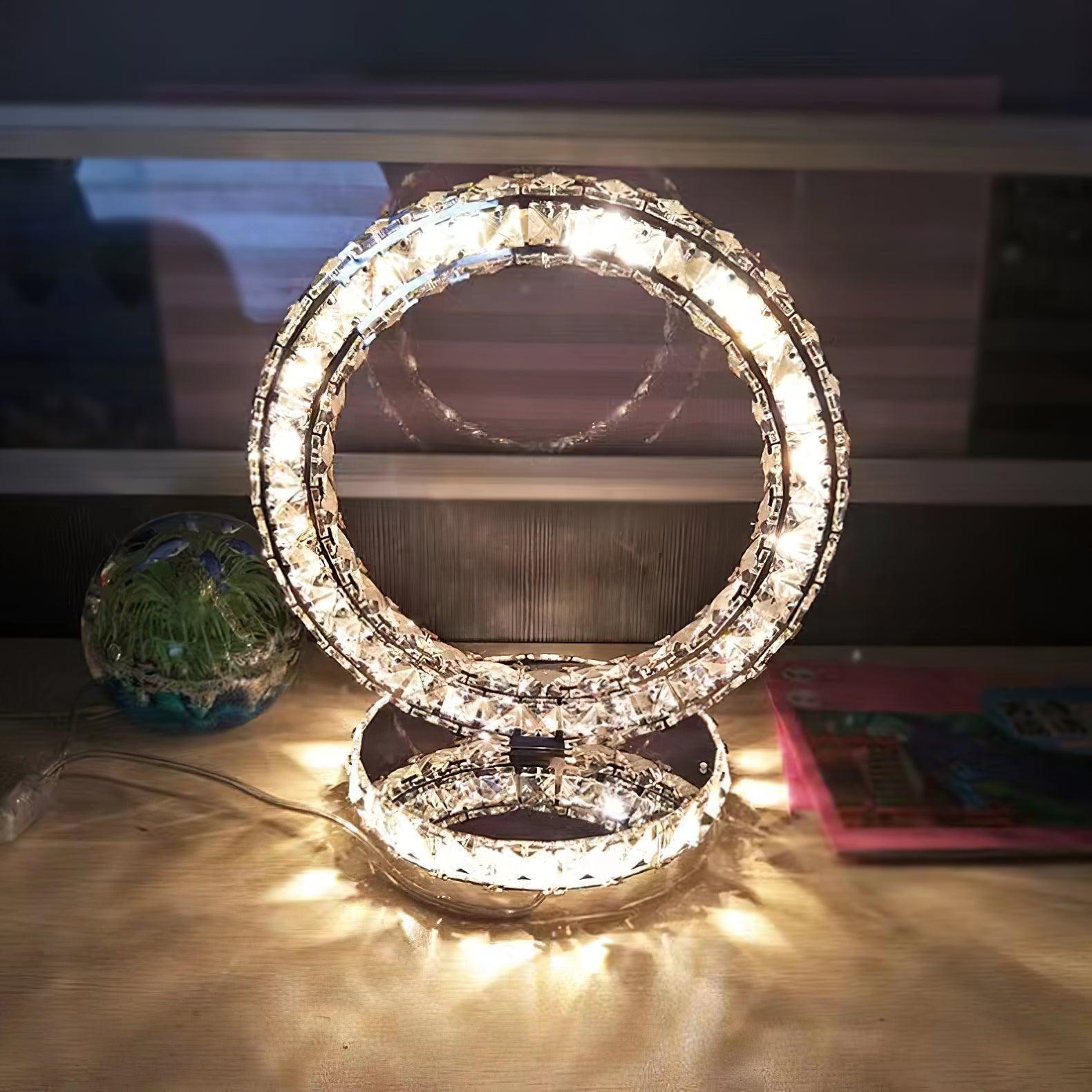 Modern LED Crystal Ring Table Lamp Chrome Finish for Bedroom Nightstand