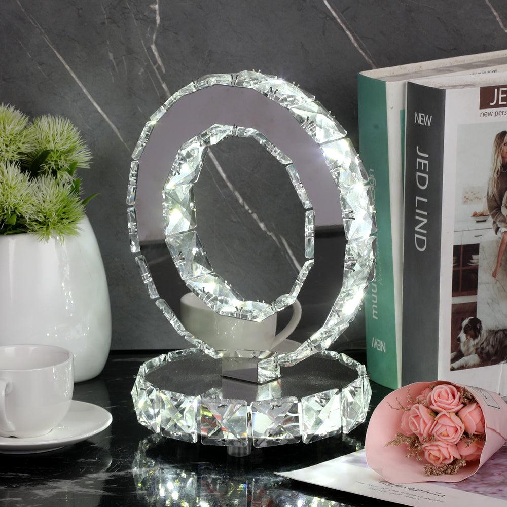 Modern LED Crystal Ring Table Lamp Chrome Finish for Bedroom Nightstand