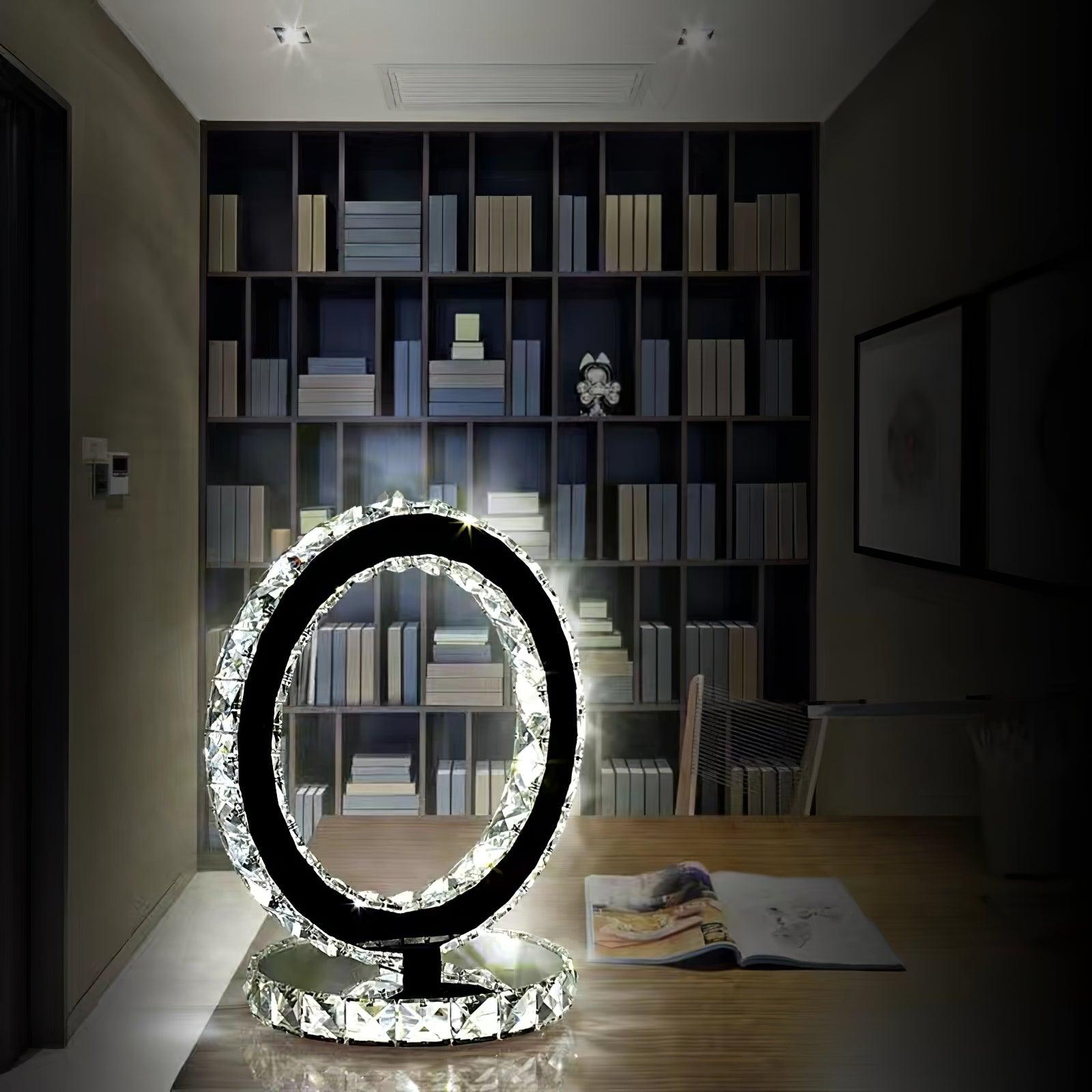 Modern LED Crystal Ring Table Lamp Chrome Finish for Bedroom Nightstand