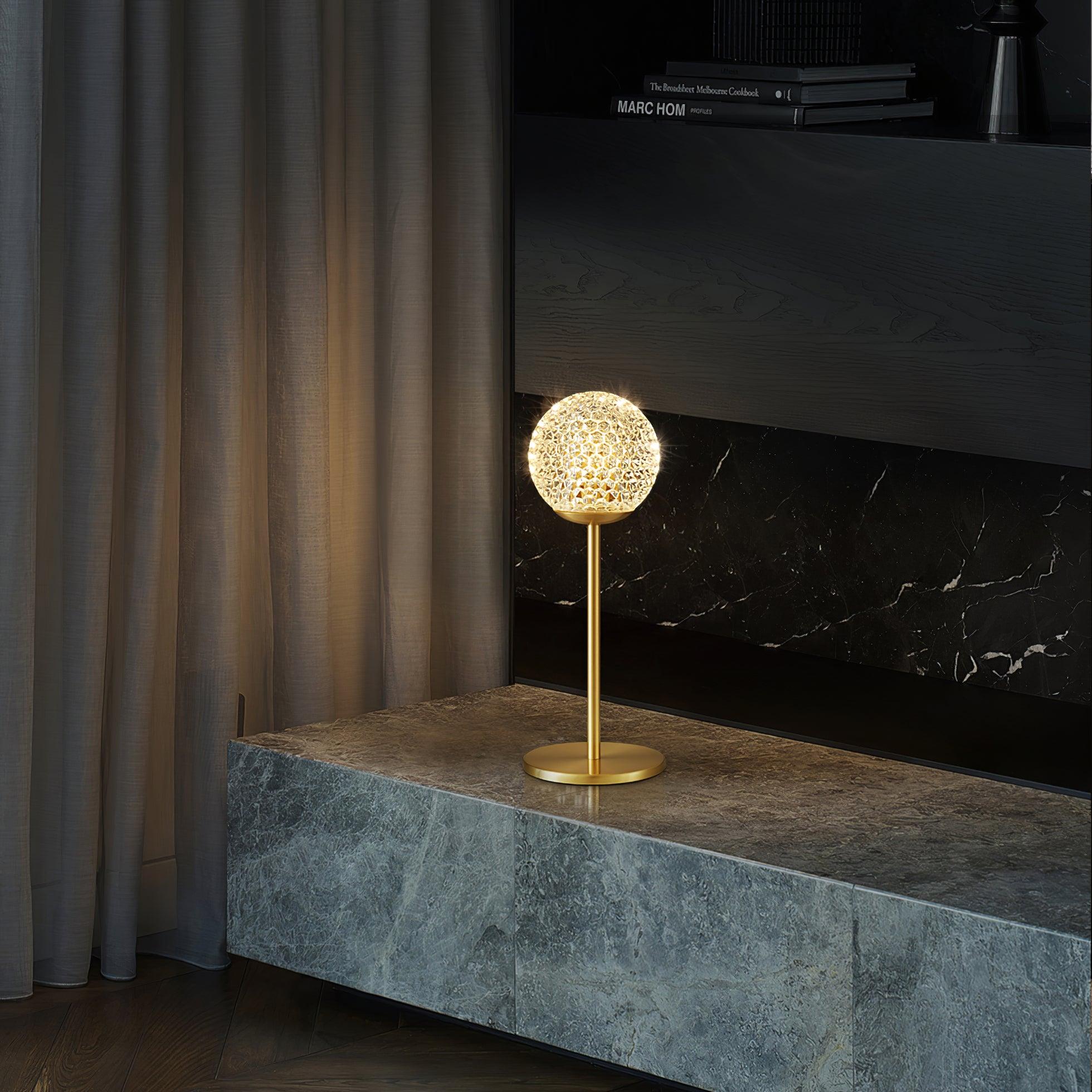 Elegant Crystal Globe Table Lamp with Polished Brass Finish and Spherical Shade