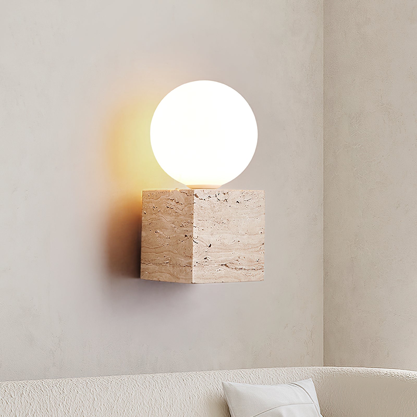 Minimalist Natural Yellow Travertine Stone Cube Wall Sconce Modern Indoor Geometric Lighting Fixture